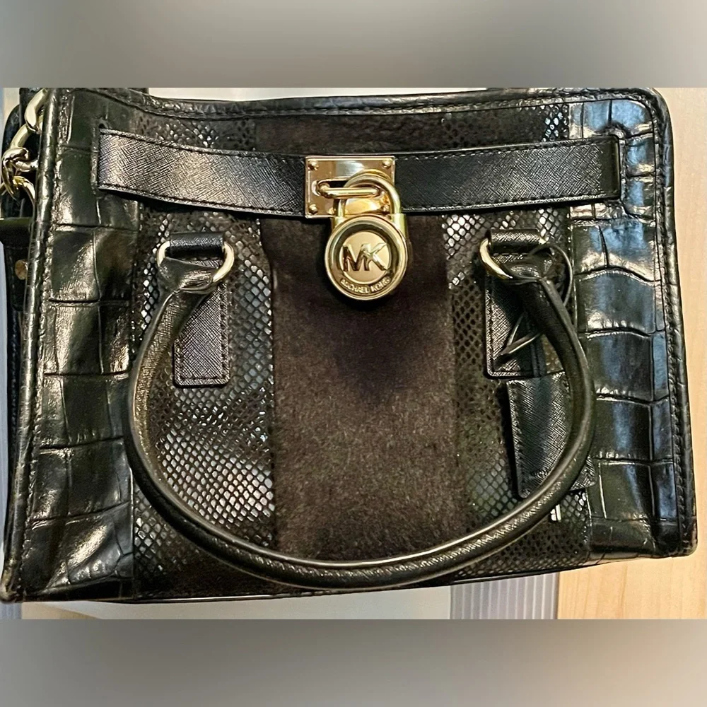 ❣️$398 ❣️ Michael Kors Black Calf Hair Croc Leather Shoulder Bag Purse